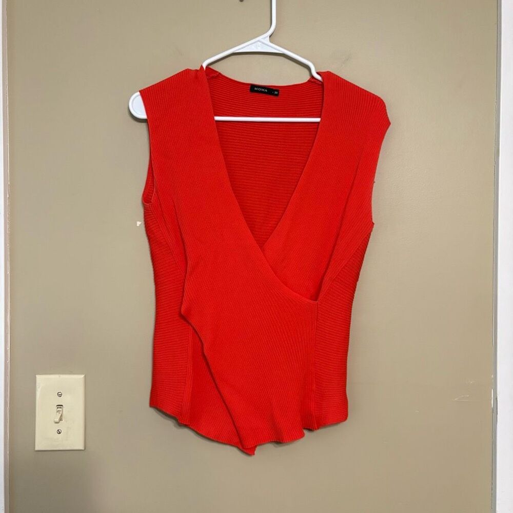 MOMA Women Red Orange Ribbed Sleeveless Faux Wrap Tank Top Blouse Size 38 Medium